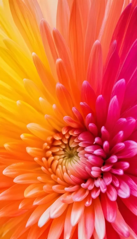 Macro Shot Of A Vibrant Chrysanthemum Flower Petals Transitioning From Yellow To Orange Red And Pink Close Up View Detailed Texture Soft Lighting Gradient Color Scheme Nature Photography 11 0c24