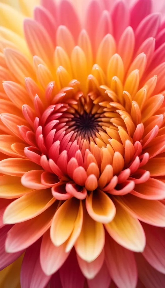 Macro Shot Of A Vibrant Chrysanthemum Flower Petals Transitioning From Yellow To Orange Red And Pink Close Up View Detailed Texture Soft Lighting Gradient Color Scheme Nature Photography 14 7f42