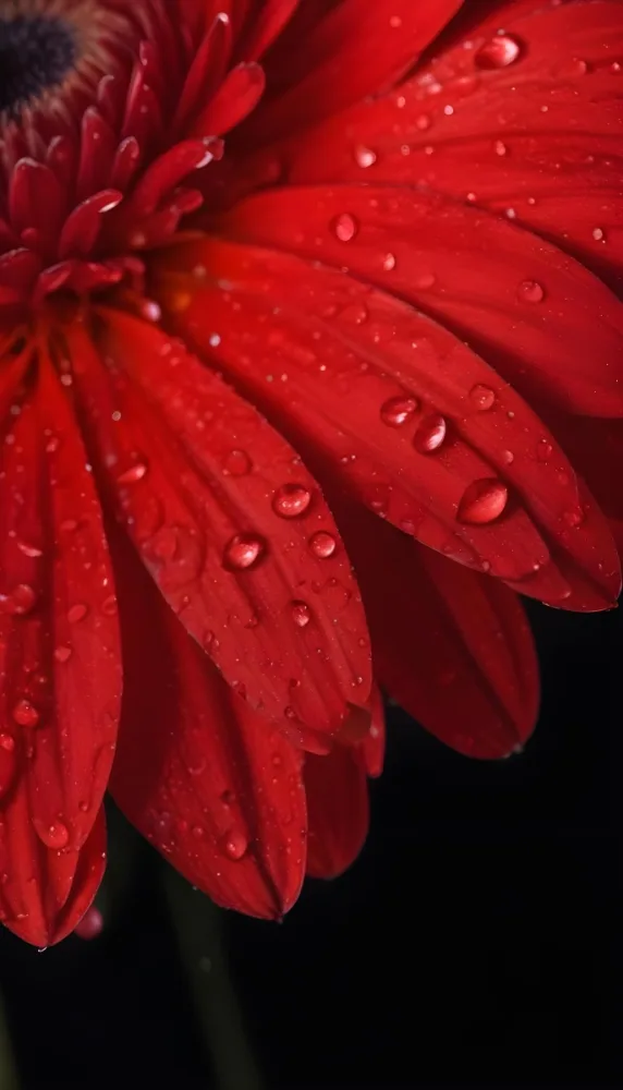 Macro Shot Of A Vibrant Red Gerbera Daisy With Water Droplets On Its Petals Set Against A Dark Blurred Background 2 9467