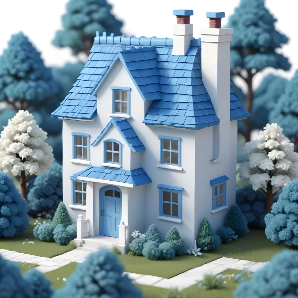 Miniature Blue House With Blue Roof Chimney White Door Small Trees And Bushes In A White Background 50 57db