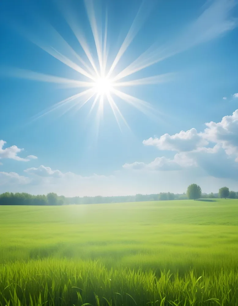 Minimal Soft Studio Light Photography A Bright Sun Shining Over A Green Field With A Blue Sky The Sun S Rays Are Shining Down On The Field Creating A Warm And Inviting Scene High Detail Solid Bold Color Background 25 76f7