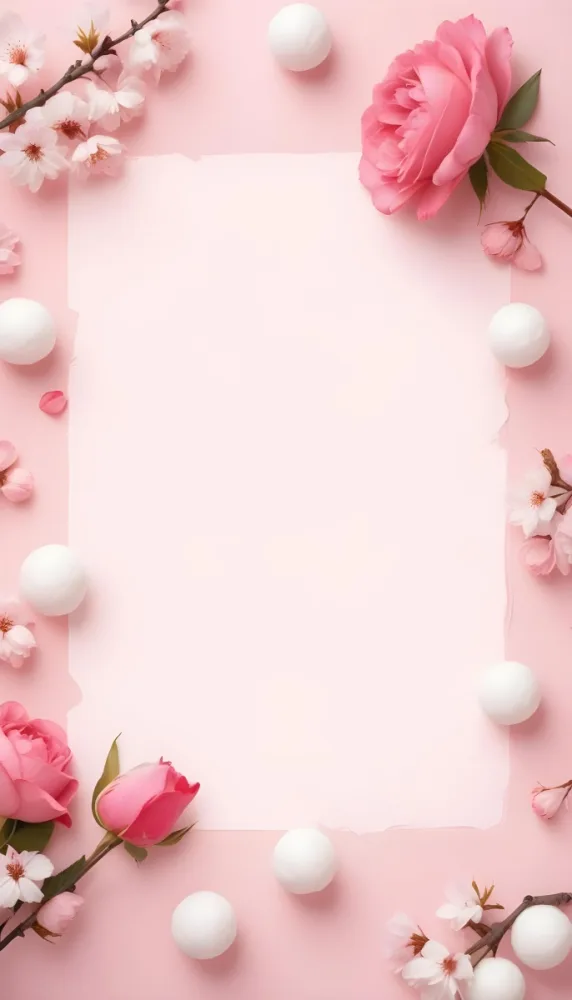 Minimal Soft Studio Light Photography A Pink Floral Frame With Cherry Blossoms Rose Petals And Fluffy White Balls On A Soft Pink Background High Detail Solid Bold Color Background 20 F38f