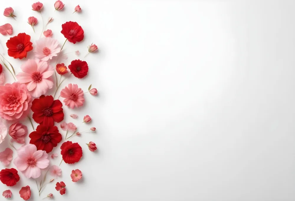 Minimal Soft Studio Light Photography A Variety Of Pink And Red Flowers And Petals Arranged On A White Background Creating A Delicate And Floral Composition High Detail Solid Bold Color Background 34 36d7