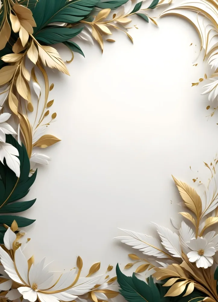 Minimal Soft Studio Light Photography A White And Gold Floral Background With Green And Gold Accents Featuring Abstract Shapes And Patterns Reminiscent Of Feathers Or Leaves The Composition Has A Luxurious Fee 12 8db8