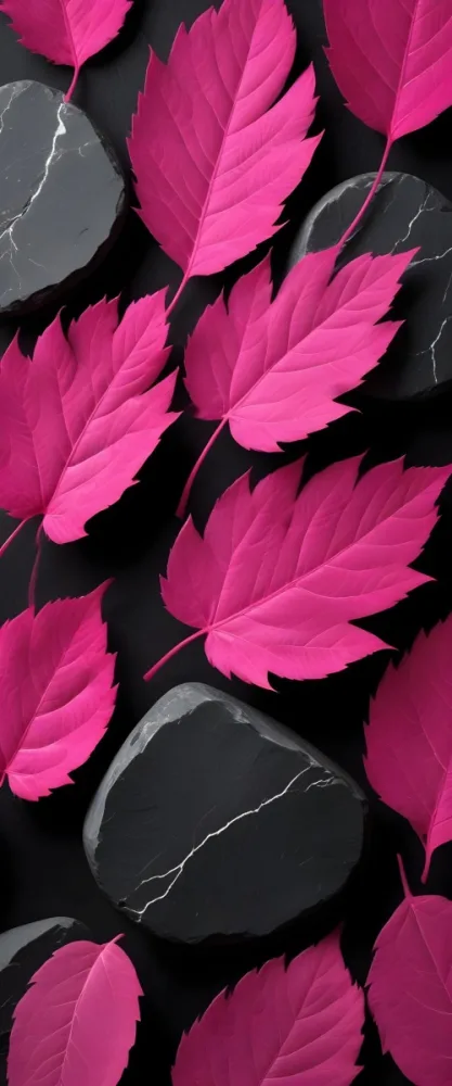 Minimal Soft Studio Light Photography Bright Pink Leaves With Prominent Veins Arranged Over A Textured Black Background Resembling Stones High Detail Solid Bold Color Background 12 C903