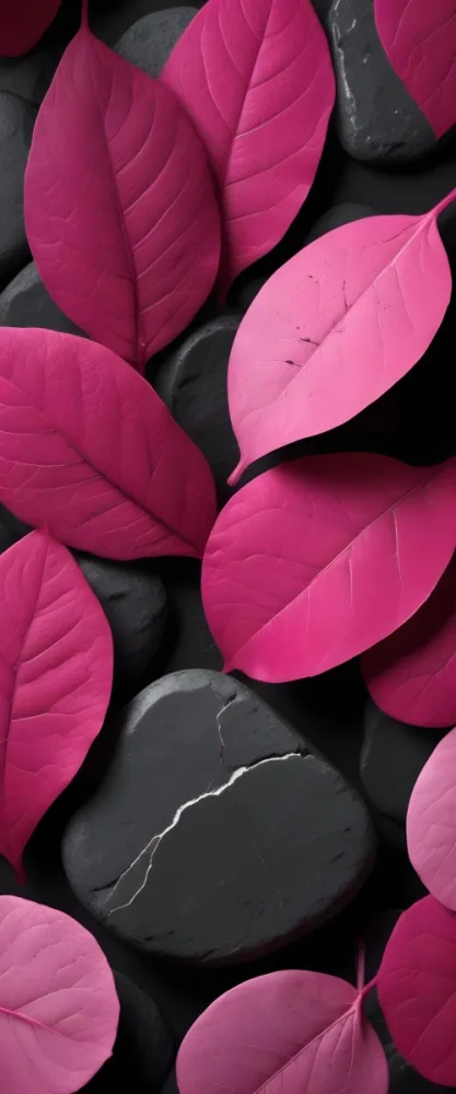 Minimal Soft Studio Light Photography Bright Pink Leaves With Prominent Veins Arranged Over A Textured Black Background Resembling Stones High Detail Solid Bold Color Background 14 90ee
