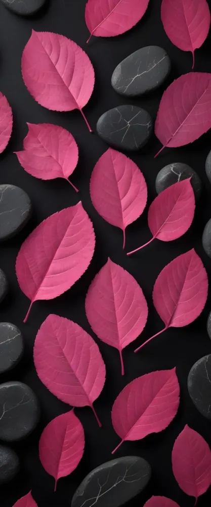 Minimal Soft Studio Light Photography Bright Pink Leaves With Prominent Veins Arranged Over A Textured Black Background Resembling Stones High Detail Solid Bold Color Background 15 937b
