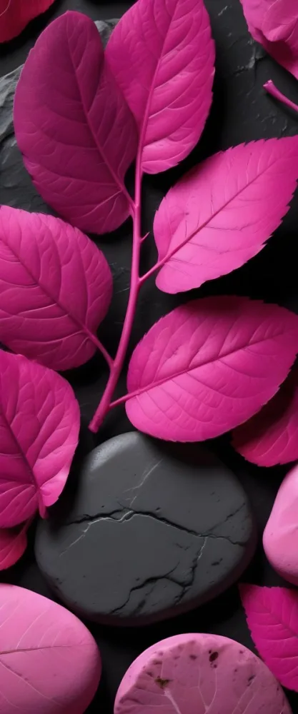Minimal Soft Studio Light Photography Bright Pink Leaves With Prominent Veins Arranged Over A Textured Black Background Resembling Stones High Detail Solid Bold Color Background 20 5bf4