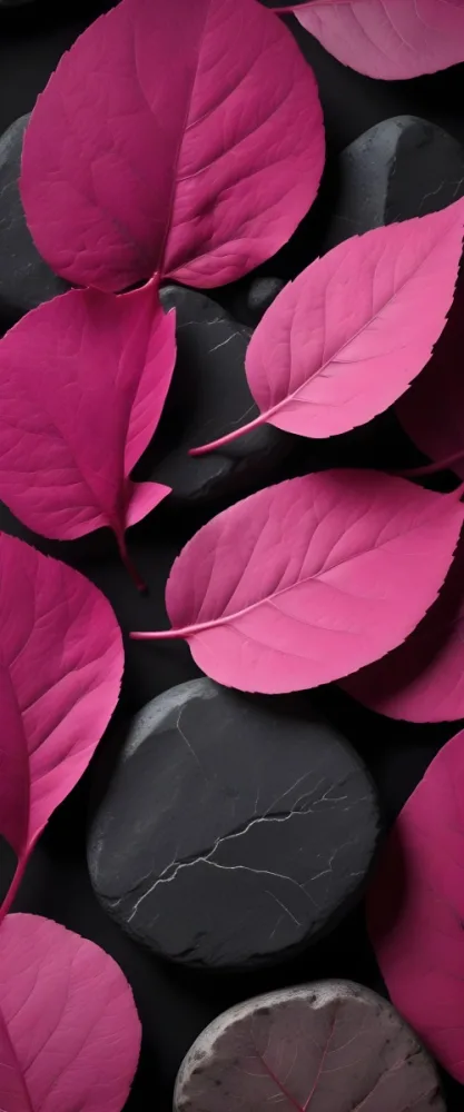 Minimal Soft Studio Light Photography Bright Pink Leaves With Prominent Veins Arranged Over A Textured Black Background Resembling Stones High Detail Solid Bold Color Background 22 D81f