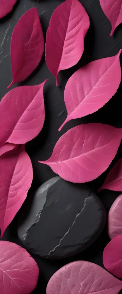 Minimal Soft Studio Light Photography Bright Pink Leaves With Prominent Veins Arranged Over A Textured Black Background Resembling Stones High Detail Solid Bold Color Background 24 E8ab