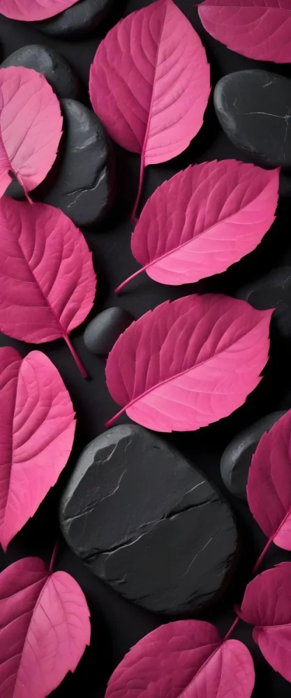 Minimal Soft Studio Light Photography Bright Pink Leaves With Prominent Veins Arranged Over A Textured Black Background Resembling Stones High Detail Solid Bold Color Background 3 25ea