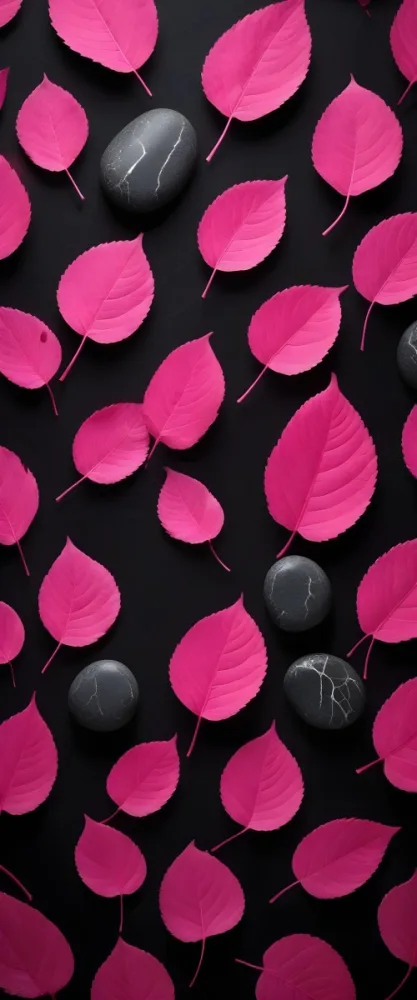 Minimal Soft Studio Light Photography Bright Pink Leaves With Prominent Veins Arranged Over A Textured Black Background Resembling Stones High Detail Solid Bold Color Background 4 58bf