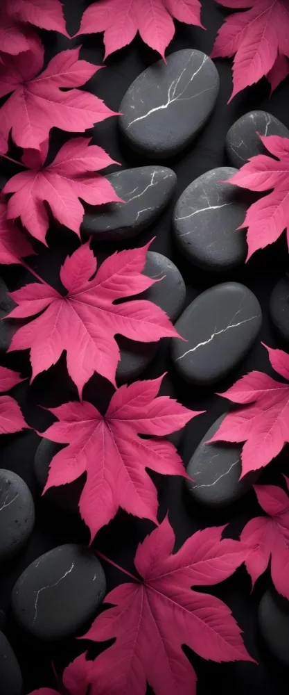 Minimal Soft Studio Light Photography Bright Pink Leaves With Prominent Veins Arranged Over A Textured Black Background Resembling Stones High Detail Solid Bold Color Background 5 8969