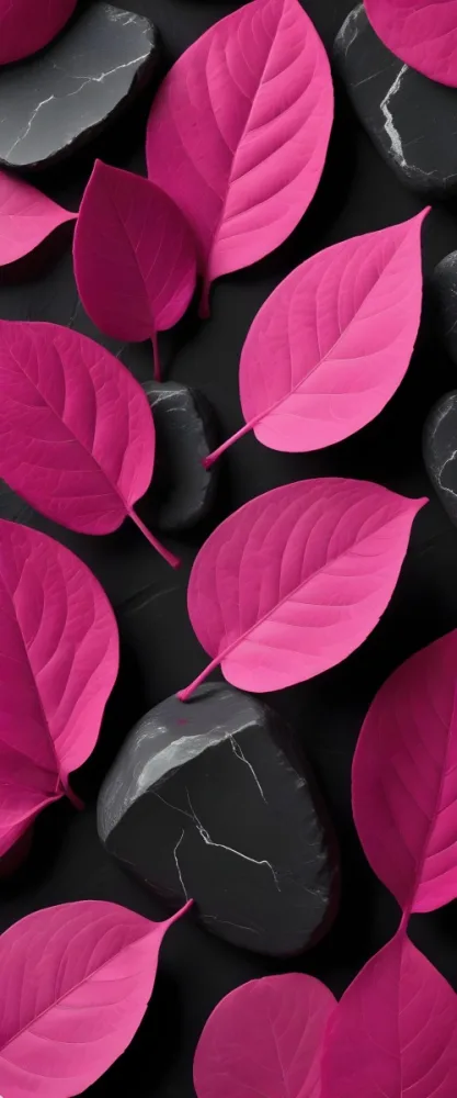 Minimal Soft Studio Light Photography Bright Pink Leaves With Prominent Veins Arranged Over A Textured Black Background Resembling Stones High Detail Solid Bold Color Background 6 6777