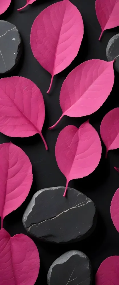 Minimal Soft Studio Light Photography Bright Pink Leaves With Prominent Veins Arranged Over A Textured Black Background Resembling Stones High Detail Solid Bold Color Background 7 316c