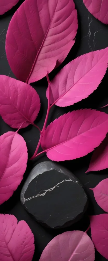 Minimal Soft Studio Light Photography Bright Pink Leaves With Prominent Veins Arranged Over A Textured Black Background Resembling Stones High Detail Solid Bold Color Background 8 29cf