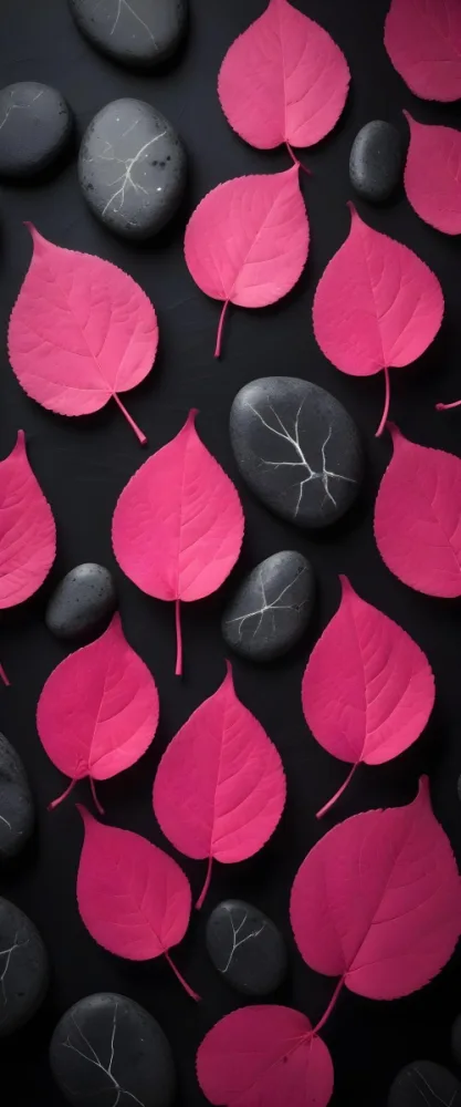 Minimal Soft Studio Light Photography Bright Pink Leaves With Prominent Veins Arranged Over A Textured Black Background Resembling Stones High Detail Solid Bold Color Background 9 488f