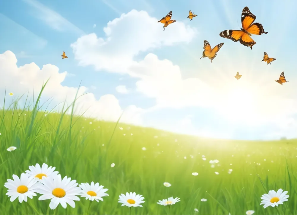 Minimal Soft Studio Light Photography Butterflies Flying Over A Green Field With Daisies And Grass Blue Sky With Clouds And Sun Rays In The Background High Detail Solid Bold Color Background 1 5ca4