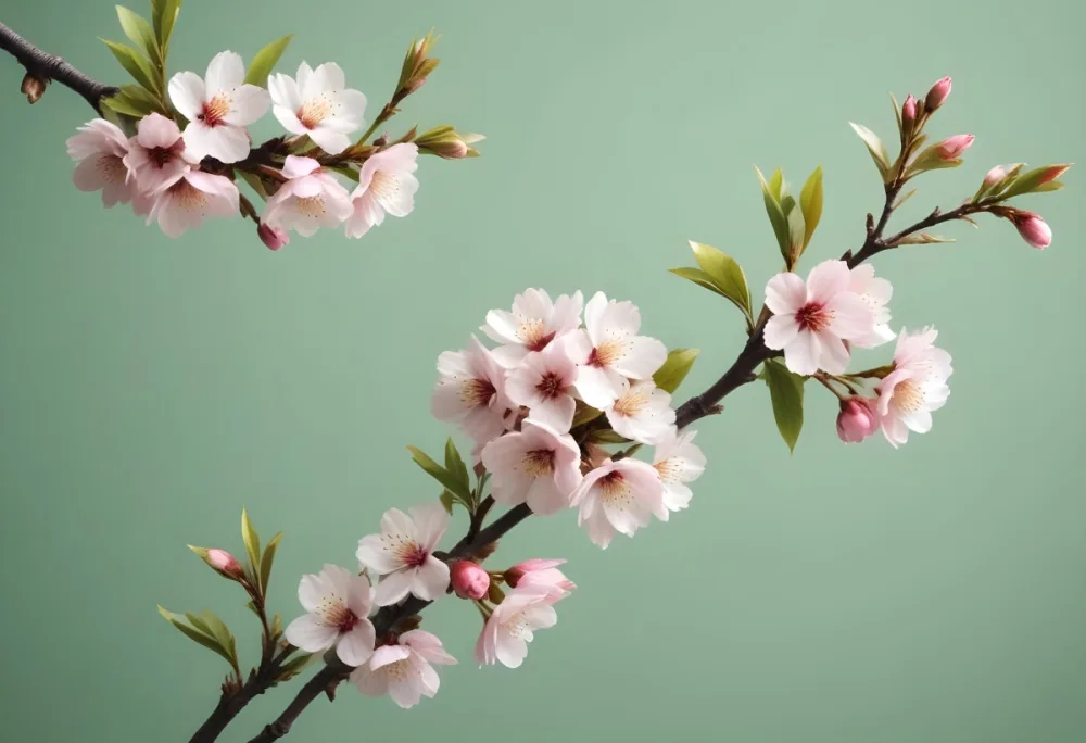 Minimal Soft Studio Light Photography Cherry Blossom Branches With Pink Flowers And Green Leaves In The Upper Right And Lower Left Corners White Background High Detail Solid Bold Color Background 1 428b