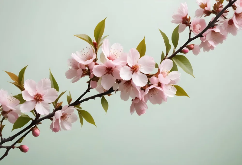 Minimal Soft Studio Light Photography Cherry Blossom Branches With Pink Flowers And Green Leaves In The Upper Right And Lower Left Corners White Background High Detail Solid Bold Color Background 18 9694
