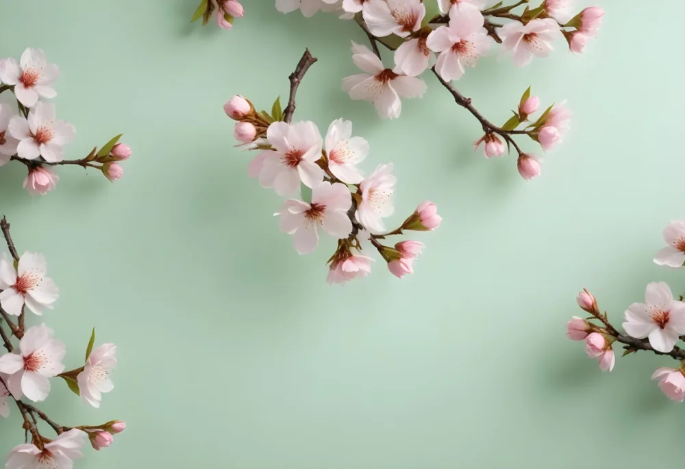 Minimal Soft Studio Light Photography Cherry Blossom Branches With Pink Flowers And Green Leaves In The Upper Right And Lower Left Corners White Background High Detail Solid Bold Color Background 23 87d2