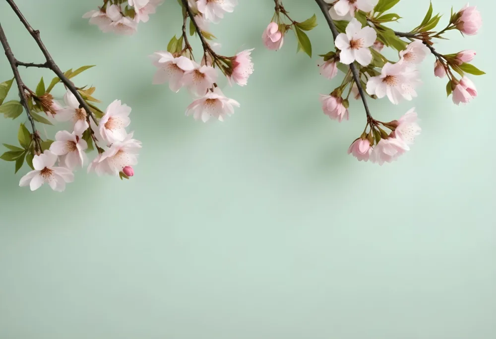 Minimal Soft Studio Light Photography Cherry Blossom Branches With Pink Flowers And Green Leaves In The Upper Right And Lower Left Corners White Background High Detail Solid Bold Color Background 8 0035