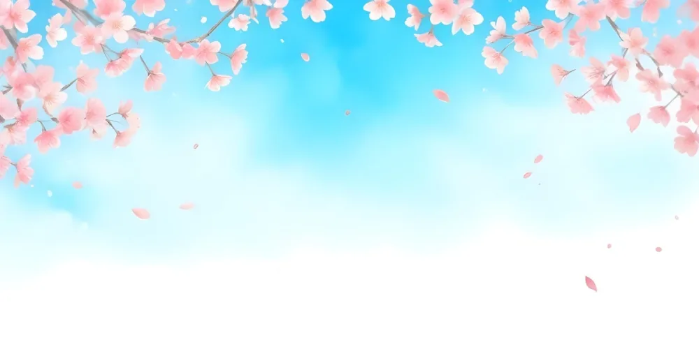 Minimal Soft Studio Light Photography Cherry Blossom Flowers With Pink Petals On A Blue Sky Background Some Petals Falling Down Soft And Dreamy Atmosphere Watercolor Style High Detail Solid Bold Color Background 1 5 261c