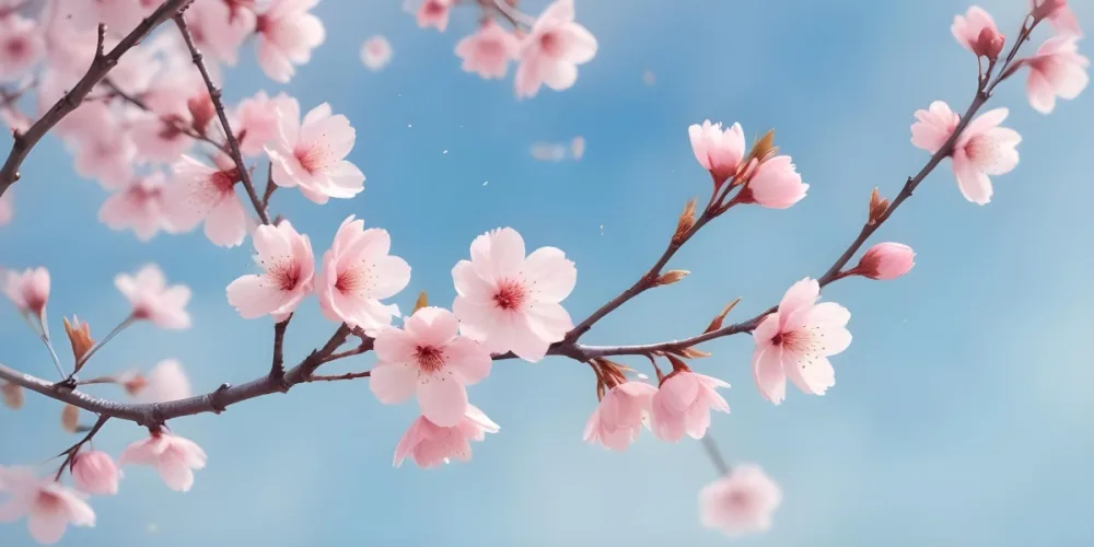 Minimal Soft Studio Light Photography Cherry Blossom Flowers With Pink Petals On A Blue Sky Background Some Petals Falling Down Soft And Dreamy Atmosphere Watercolor Style High Detail Solid Bold Color Background 1 6 9831
