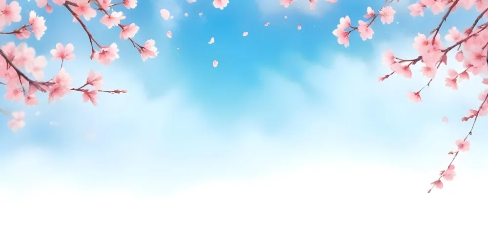 Minimal Soft Studio Light Photography Cherry Blossom Flowers With Pink Petals On A Blue Sky Background Some Petals Falling Down Soft And Dreamy Atmosphere Watercolor Style High Detail Solid Bold Color Background 1 7 A4c8