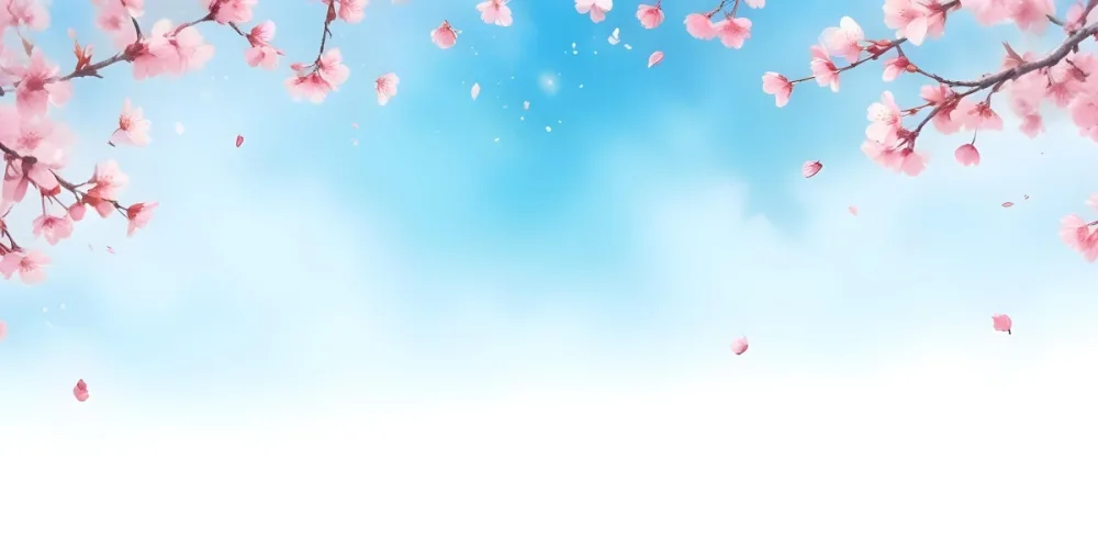 Minimal Soft Studio Light Photography Cherry Blossom Flowers With Pink Petals On A Blue Sky Background Some Petals Falling Down Soft And Dreamy Atmosphere Watercolor Style High Detail Solid Bold Color Background 1 9 48c0