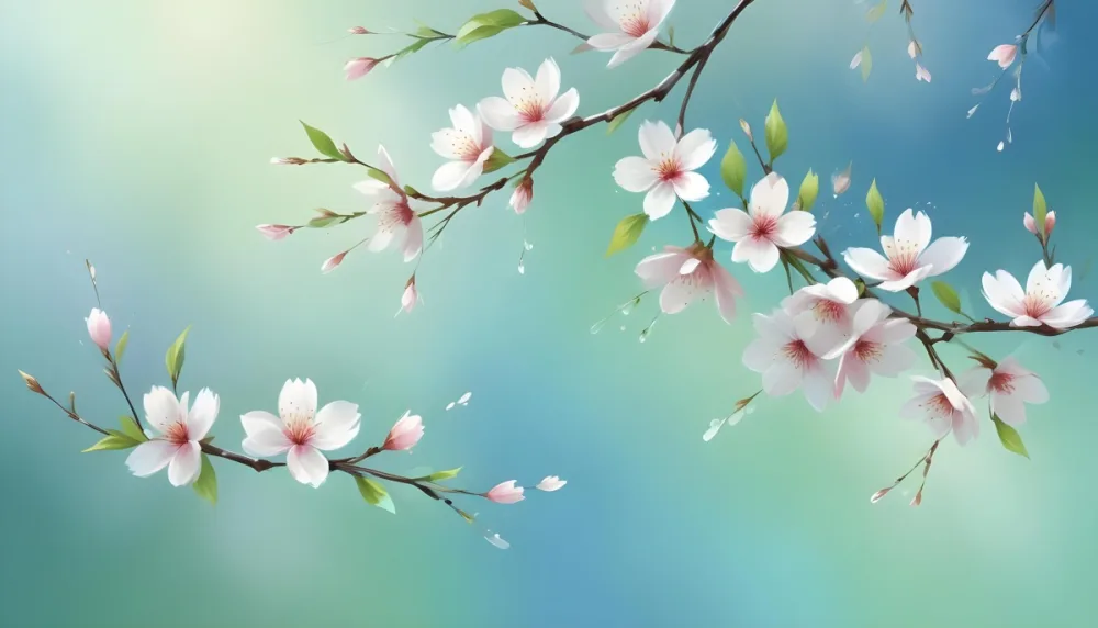 Minimal Soft Studio Light Photography Cherry Blossom Petals Falling With A Gradient Background Of Blue White And Green Soft And Dreamy Pastel Colors Spring Season Delicate And Airy High Detail Solid Bold Color 7 Ef47