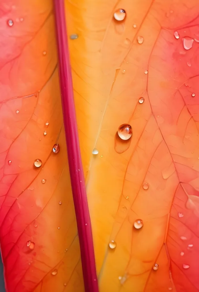 Minimal Soft Studio Light Photography Close Up Of A Vibrant Leaf With Shades Of Orange And Yellow Featuring Water Droplets On Its Surface The Leaf Has A Central Vein That Is A Deep Pink Color Highlighting The Texture 83 Fc7b