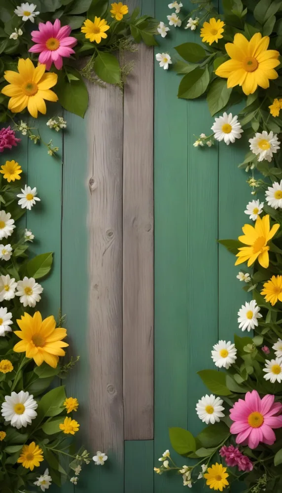 Minimal Soft Studio Light Photography Colorful Flowers Including Green White Yellow And Yellow Arranged Around The Edges Of A Wooden Background With Green Leaves Interspersed Among The Flowers The Wood Has A Weat 10 Fe00
