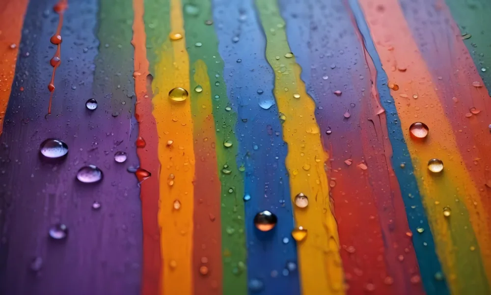 Minimal Soft Studio Light Photography Colorful Vertical Stripes In Vibrant Hues Of Red Orange Yellow Green Blue And Purple With Water Droplets Clinging To The Surface Creating A Glossy Effect The Background Is B 104 5e7a