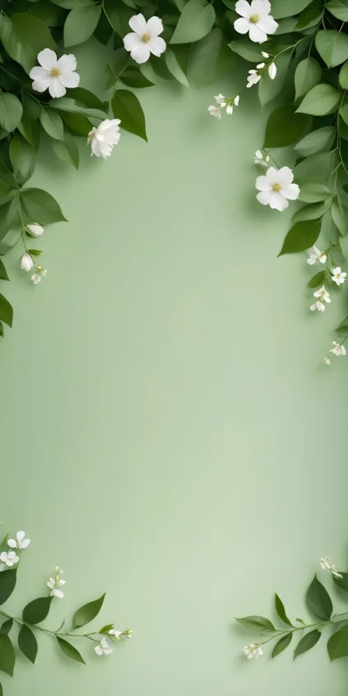 Minimal Soft Studio Light Photography Green Background With Leaves And White Flowers On The Top Corners Nature Elements Minimalist Style Soft Light Fresh And Vibrant Colors High Detail Solid Bold Color Backgroun 4 5ce6