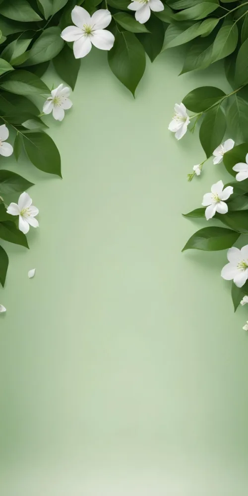 Minimal Soft Studio Light Photography Green Background With Leaves And White Flowers On The Top Corners Nature Elements Minimalist Style Soft Light Fresh And Vibrant Colors High Detail Solid Bold Color Backgroun 5 Ca51