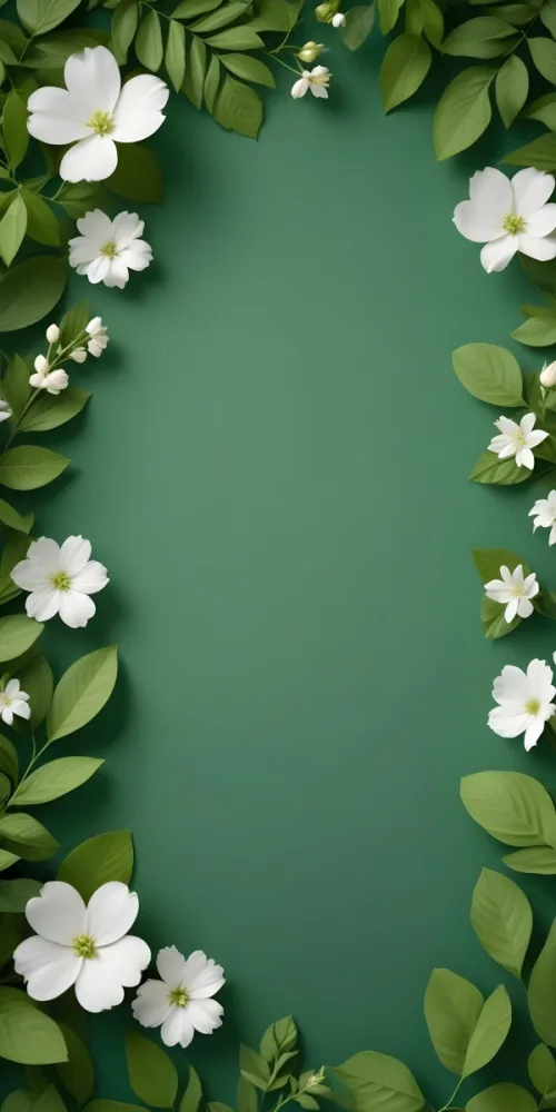 Minimal Soft Studio Light Photography Green Background With Leaves And White Flowers On The Top Corners Nature Elements Minimalist Style Soft Light Fresh And Vibrant Colors High Detail Solid Bold Color Backgroun 7 B58c