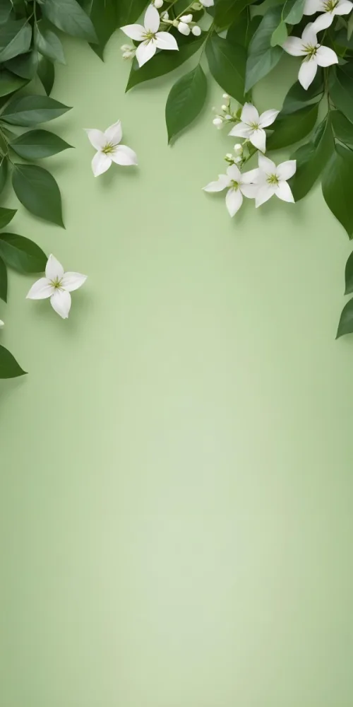 Minimal Soft Studio Light Photography Green Background With Leaves And White Flowers On The Top Corners Nature Elements Minimalist Style Soft Light Fresh And Vibrant Colors High Detail Solid Bold Color Backgroun 8 D6d6