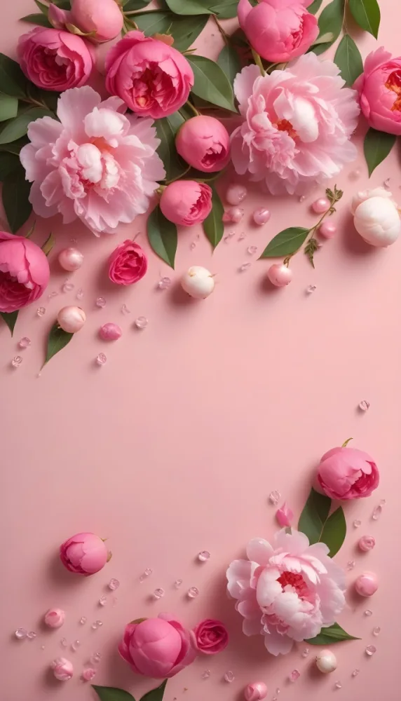 Minimal Soft Studio Light Photography Pink Flowers Including Peonies And Roses Scattered Across A Light Pink Background With Small Pink And White Decorative Beads Interspersed Among The Petals And Leaves High Detail S 24 C8e8
