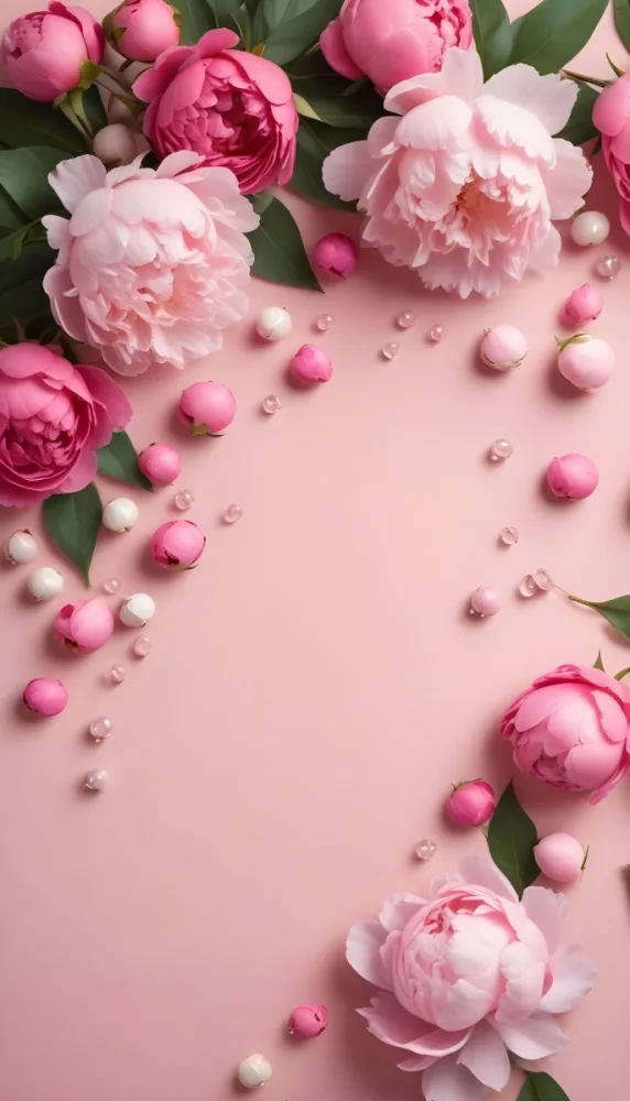 Minimal Soft Studio Light Photography Pink Flowers Including Peonies And Roses Scattered Across A Light Pink Background With Small Pink And White Decorative Beads Interspersed Among The Petals And Leaves High Detail S 5 B641