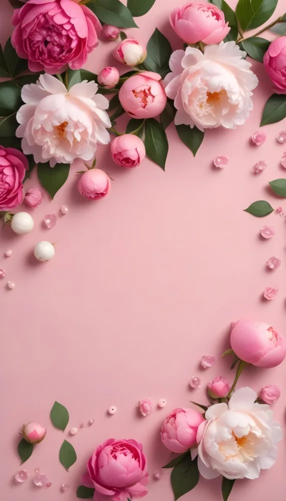 Minimal Soft Studio Light Photography Pink Flowers Including Peonies And Roses Scattered Across A Light Pink Background With Small Pink And White Decorative Beads Interspersed Among The Petals And Leaves High Detail S 9 B6df