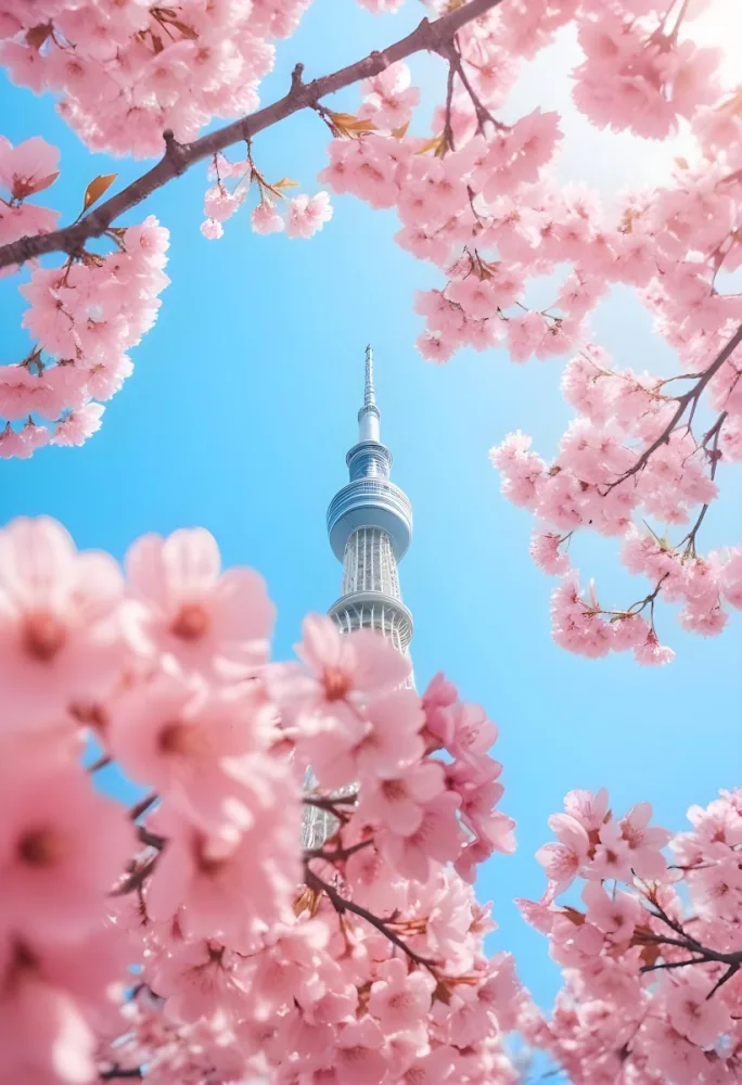 Minimal Soft Studio Light Photography Tokyo Skytree With Cherry Blossoms In A Blue Sky High Detail Solid Bold Color Background 12 F08b
