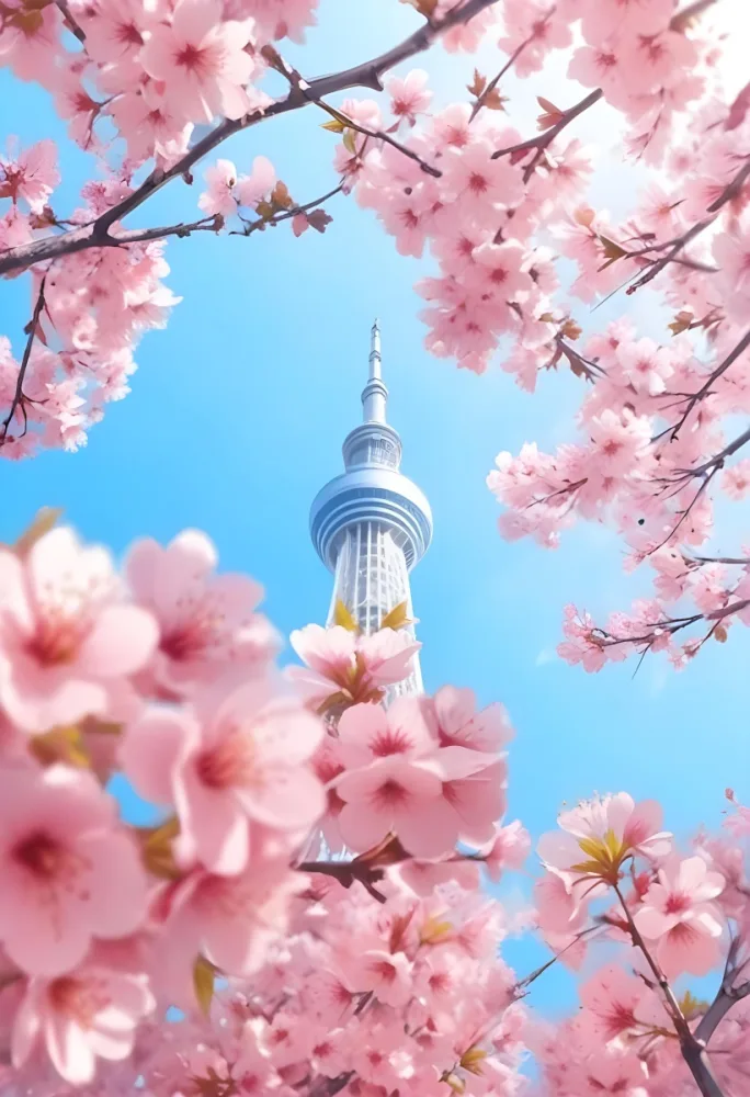 Minimal Soft Studio Light Photography Tokyo Skytree With Cherry Blossoms In A Blue Sky High Detail Solid Bold Color Background 19 Be34