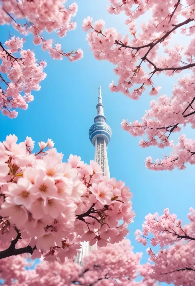 Minimal Soft Studio Light Photography Tokyo Skytree With Cherry Blossoms In A Blue Sky High Detail Solid Bold Color Background 28 5c8f