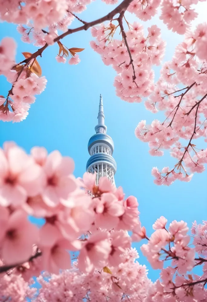 Minimal Soft Studio Light Photography Tokyo Skytree With Cherry Blossoms In A Blue Sky High Detail Solid Bold Color Background 33 3f56