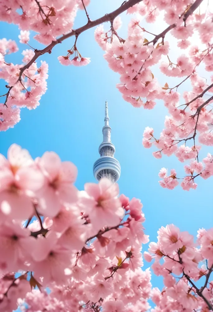 Minimal Soft Studio Light Photography Tokyo Skytree With Cherry Blossoms In A Blue Sky High Detail Solid Bold Color Background 35 56e5