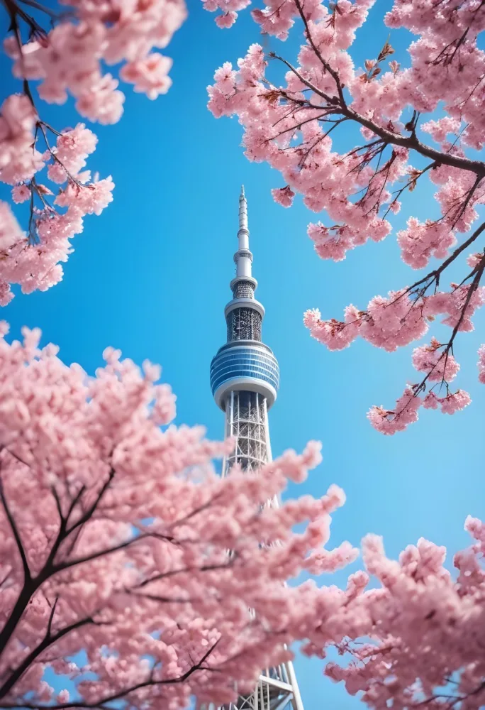 Minimal Soft Studio Light Photography Tokyo Skytree With Cherry Blossoms In A Blue Sky High Detail Solid Bold Color Background 36 Bc3a