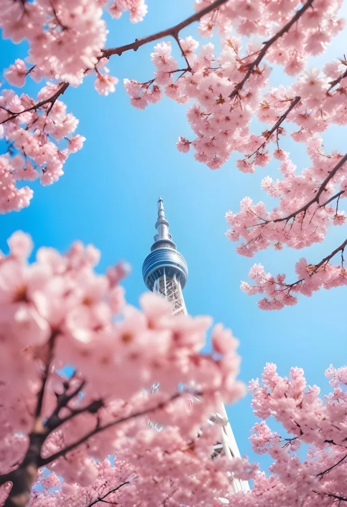 Minimal Soft Studio Light Photography Tokyo Skytree With Cherry Blossoms In A Blue Sky High Detail Solid Bold Color Background 37 F10a