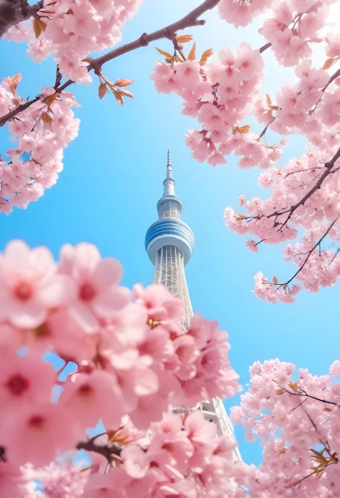 Minimal Soft Studio Light Photography Tokyo Skytree With Cherry Blossoms In A Blue Sky High Detail Solid Bold Color Background 4 5096