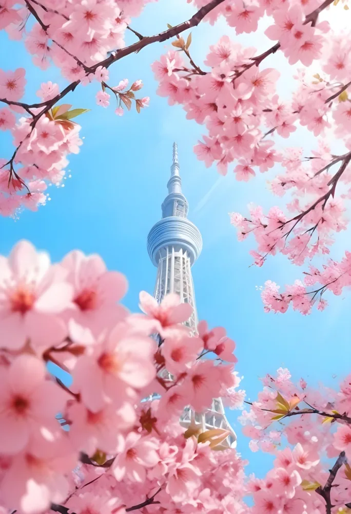 Minimal Soft Studio Light Photography Tokyo Skytree With Cherry Blossoms In A Blue Sky High Detail Solid Bold Color Background 7 35ba